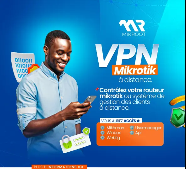alt="Homme souriant utilisant son smartphone pour un accès VPN sécurisé à son routeur Mikrotik à distance, symbolisant le contrôle réseau pour les entreprises à Lomé."