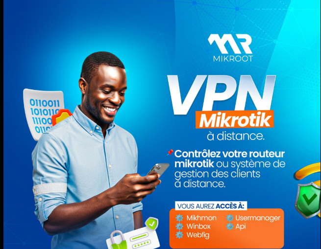 alt="Homme souriant utilisant son smartphone pour un accès VPN sécurisé à son routeur Mikrotik à distance, symbolisant le contrôle réseau pour les entreprises à Lomé."